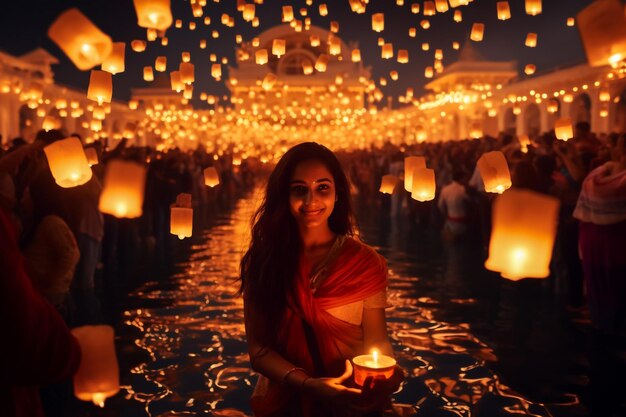 Menina indiana bonita segurando lampiões de óleo para a celebração de Diwali