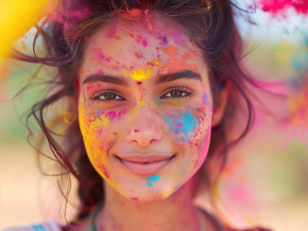 Foto menina indiana comemorando o holi com cores no rosto