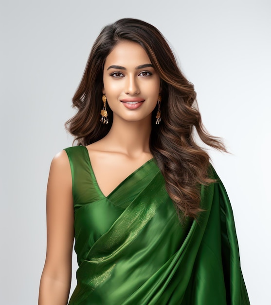 Menina indiana confiante em saree verde esmeralda celebra tradição vibrante com um sorriso