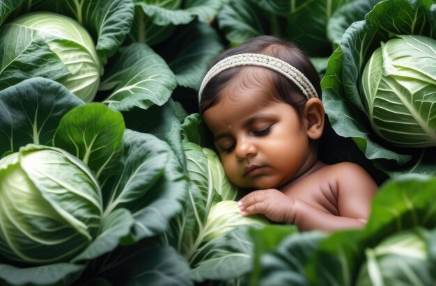 Menina indiana em repolho bebê recém-nascido dormindo no jardim no chão cercado por vegetais