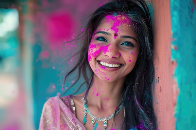 Menina indiana em traje tradicional celebra o Festival Holi com tinta colorida