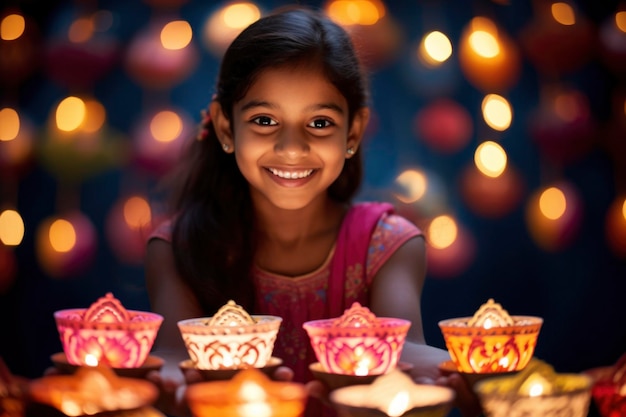 menina indiana está segurando a lâmpada diyas e assistindo as incríveis diyas no Festival de Diwali