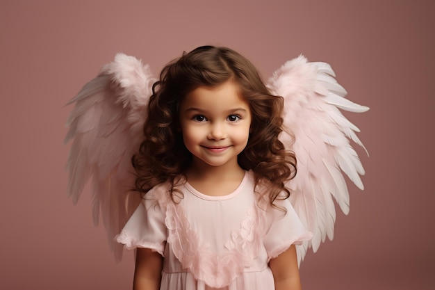 menina inocente vestindo traje de anjo com asas em fundo rosa pastel