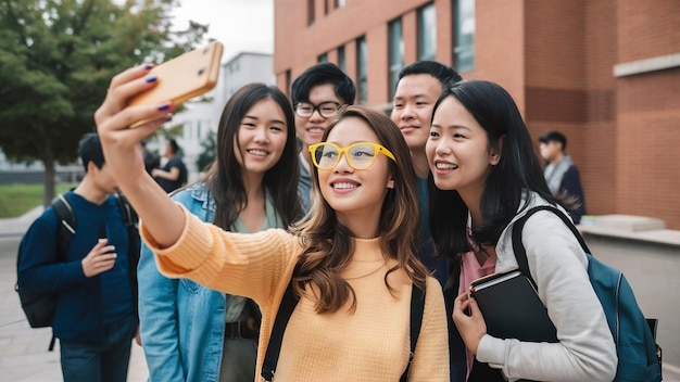 Menina inspirada com óculos amarelos elegantes fazendo selfie com sua amiga asiática da universidade e outros st