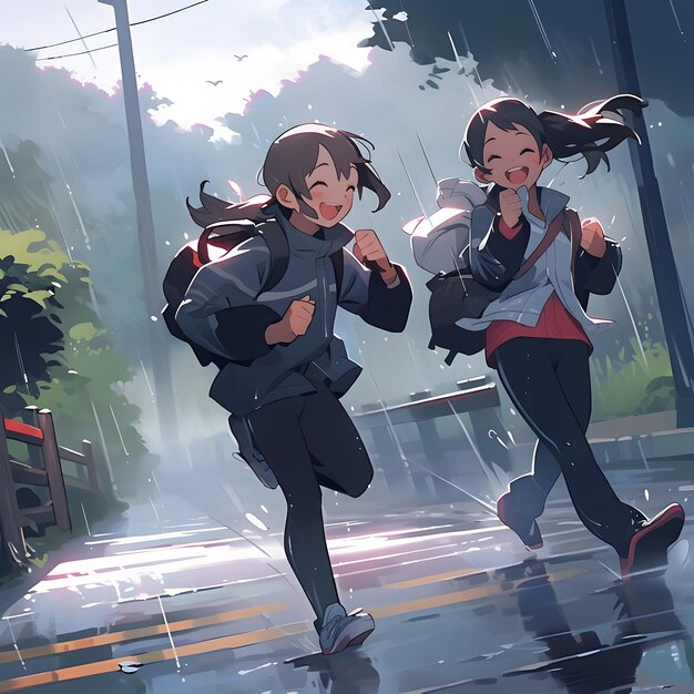 Foto menina japonesa bonita em uniforme correndo na chuva depois da escola ilustração em estilo anime