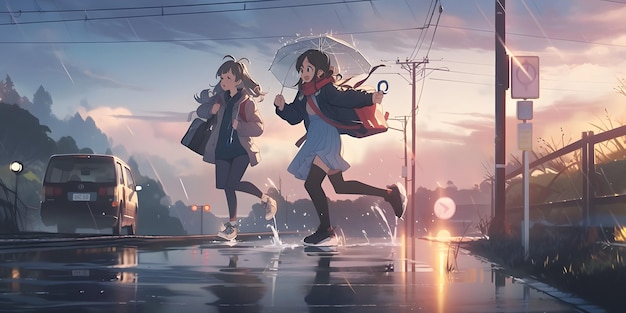 Foto menina japonesa bonita em uniforme correndo na chuva depois da escola ilustração em estilo anime