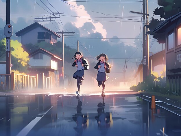 Foto menina japonesa bonita em uniforme correndo na chuva depois da escola ilustração em estilo anime