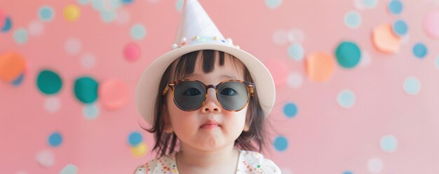 Menina japonesa com chapéu de festa e óculos de sol em fundo rosa com confete