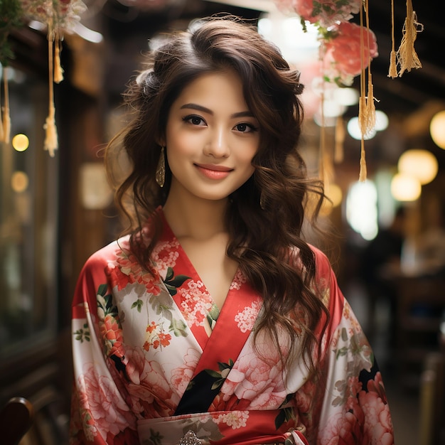 menina japonesa feliz usando vestido quimono