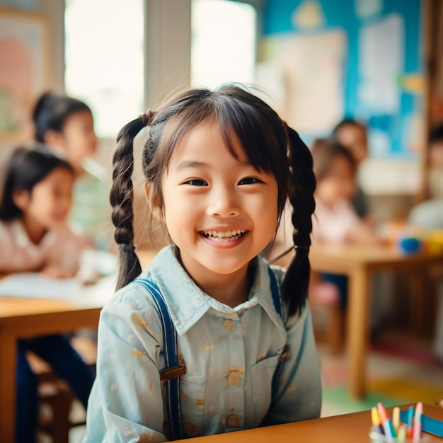 Menina japonesa gosta de sala de aula colorida com colegas de classe