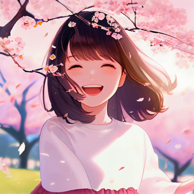 Menina japonesa sob a paisagem da árvore de cerejeira ilustração de manga de anime