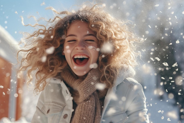 Foto menina jogando com fundo de estilo bokeh de neve