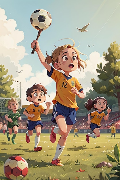 menina jogando futebol com amigos no campus fundo de papel de parede dos desenhos animados de infância feliz