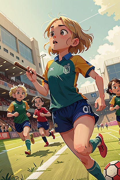 menina jogando futebol com amigos no campus fundo de papel de parede dos desenhos animados de infância feliz