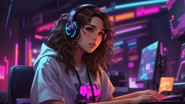 menina jogando videogame enquanto usava fones de ouvido