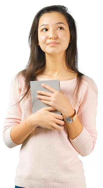 Menina jovem, com, livro, isolado, ligado, um, fundo branco