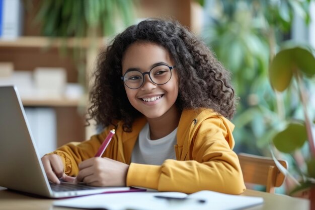 Foto menina latina sorridente estudando com um computador portátil menina adolescente sentada em sua mesa e escrevendo em um caderno estudante fazendo seu trabalho de casa ou aprendendo on-line