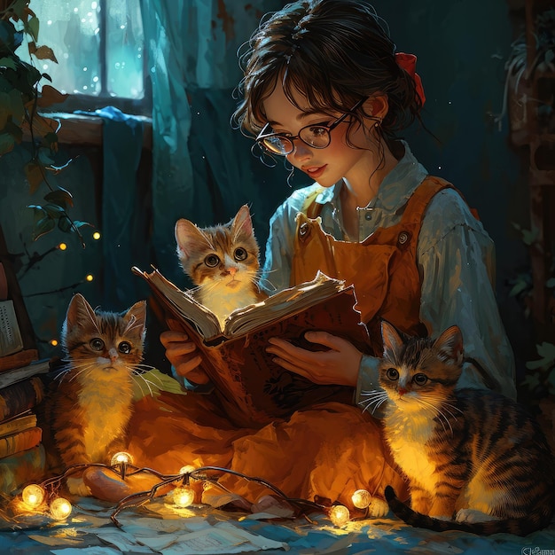Menina lê um livro para dois gatinhos pequenos mamíferos pertencentes à família felidae