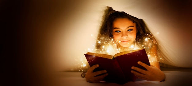 Foto menina lendo um livro de magia