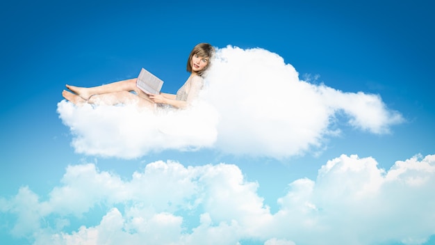 Menina lendo um livro enquanto relaxa em uma ilustração 3d de nuvem