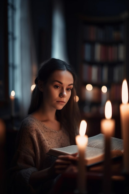 Menina lendo um livro na biblioteca