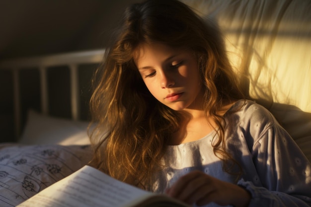 menina lendo um livro na cama