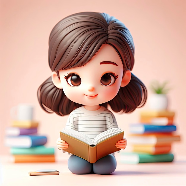 menina lendo um livro personagem 3D ai generativo