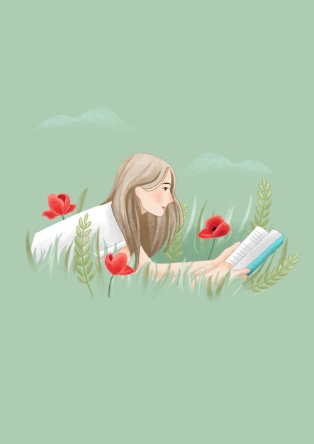 Menina lendo um livro sobre ilustração de campo