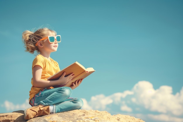 menina ler livro sentar nuvem céu fundo