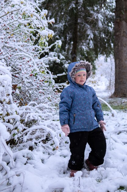 Foto menina linda com roupas de inverno sozinha no meio de uma floresta nevada