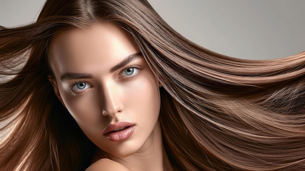 Menina linda modelo com cabelos castanhos brilhantes e lisos longos Alisamento de queratina Tratamento cuidados e procedimentos de spa Penteado suave