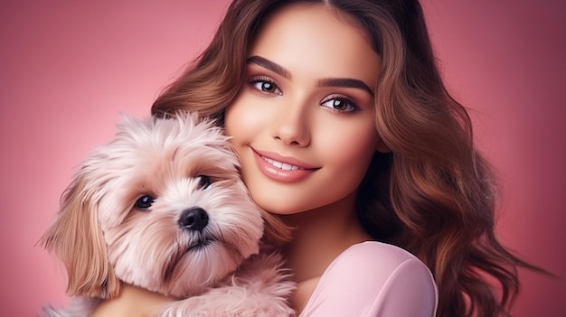 Foto menina linda segurando um cão bonito em suas mãos em fundo rosa