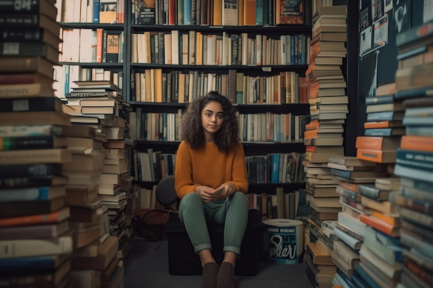 Menina linda segurando um livro sentada e sorrindo na biblioteca