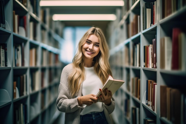 Menina linda segurando um livro sentada e sorrindo na biblioteca