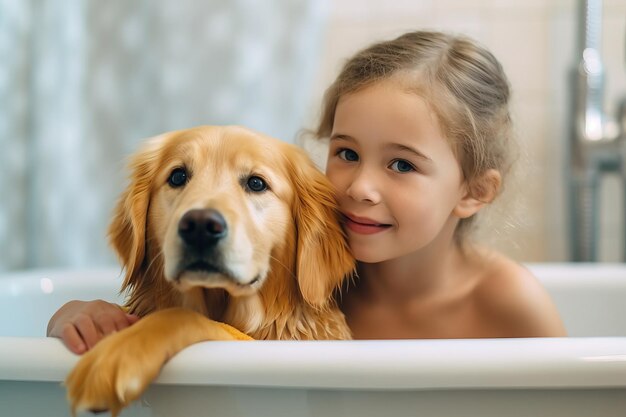 Menina loira abraça filhote de Golden Retriever no banho ambos voltados para a câmera