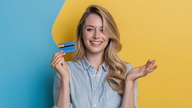 Foto menina loira alegre inclina a cabeça e sorri mostra cartão de crédito de plástico sobre o peito recomenda um banco offe