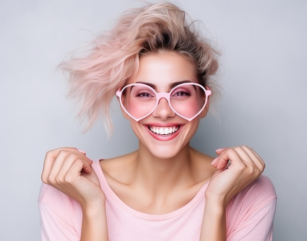 Menina loira de óculos cor de rosa