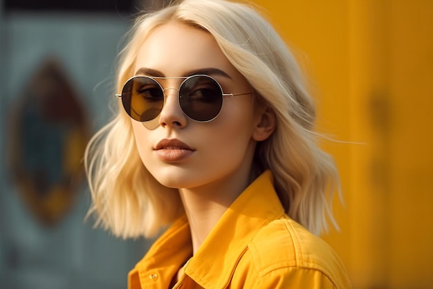 Menina loira elegante em óculos de sol e camisa amarela posando em fundo amarelo Generative AI