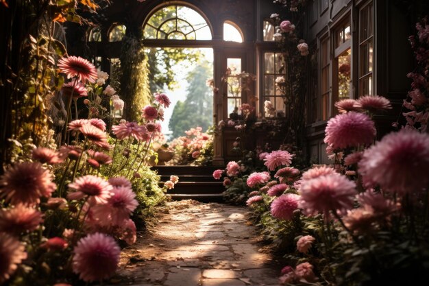 menina loira em um jardim sentado com muitas flores e tons de rosa