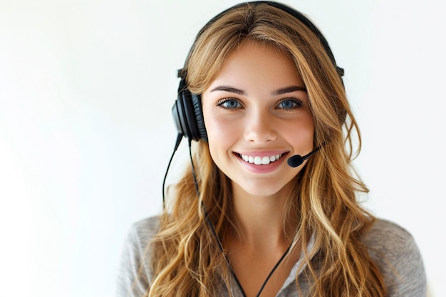 Menina loira sorridente com fone de ouvido e fones de ouvido em fundo branco