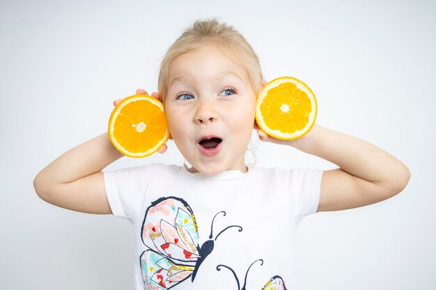 Menina loira surpresa segurando duas metades cortadas de uma laranja em um fundo branco