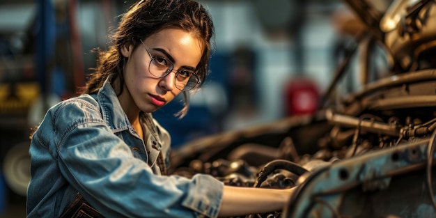 Foto menina mecânica reparando um carro ia gerativa