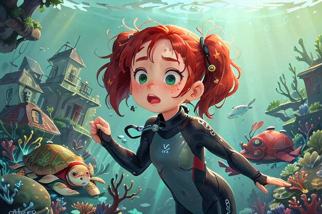 Menina mergulhando sob o mar mundo subaquático colorido peixe de coral papel de parede ilustração de fundo