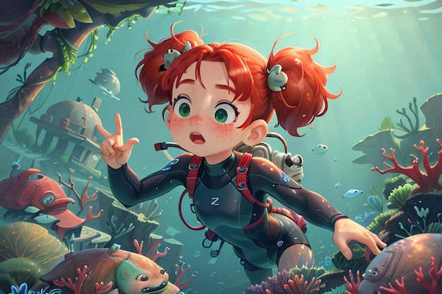 Menina mergulhando sob o mar mundo subaquático colorido peixe de coral papel de parede ilustração de fundo