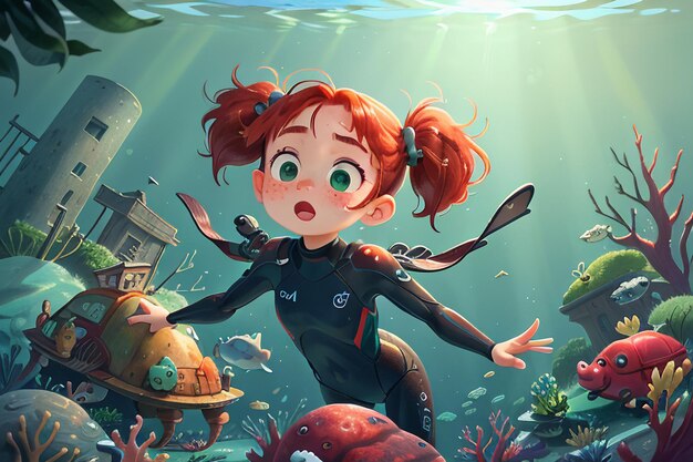 Menina mergulhando sob o mar mundo subaquático colorido peixe de coral papel de parede ilustração de fundo