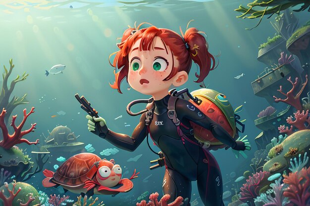 Menina mergulhando sob o mar mundo subaquático colorido peixe de coral papel de parede ilustração de fundo