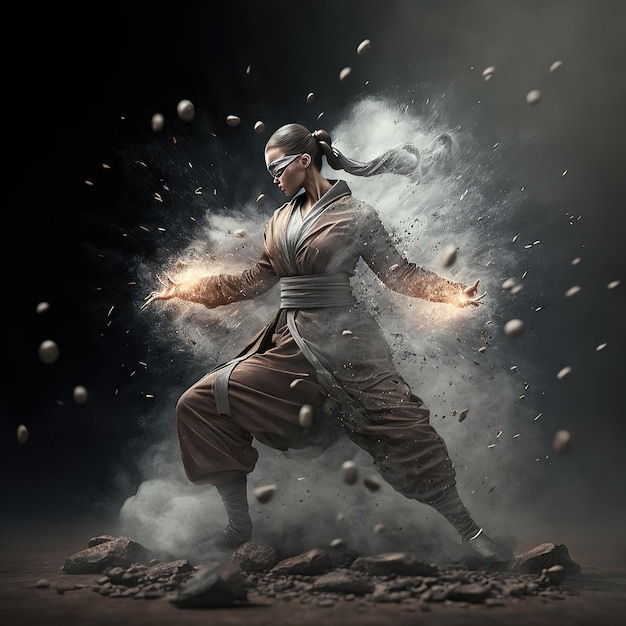 Menina mestre de kung fu empunhando o poder dos elementos da ilustração 3D da terra