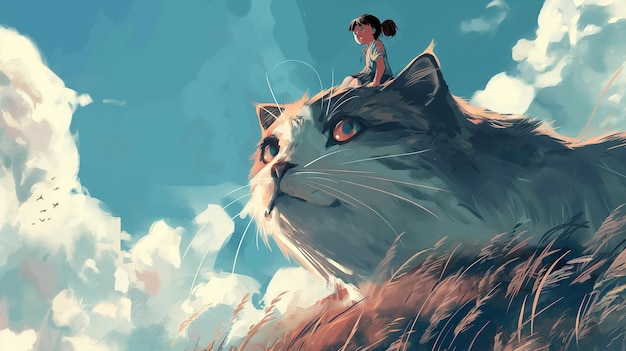 Menina montando um gato gigante Ilustração infantil