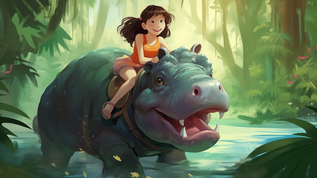 menina montando um hipopótamo na floresta Ilustração infantil