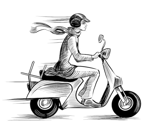 Foto menina montando uma scooter vintage ilustração em preto e branco desenhada à mão